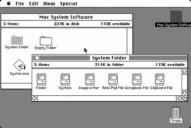 A screenshot of the original Apple operating system, called System 1. It shows the desktop with 2 windows open.